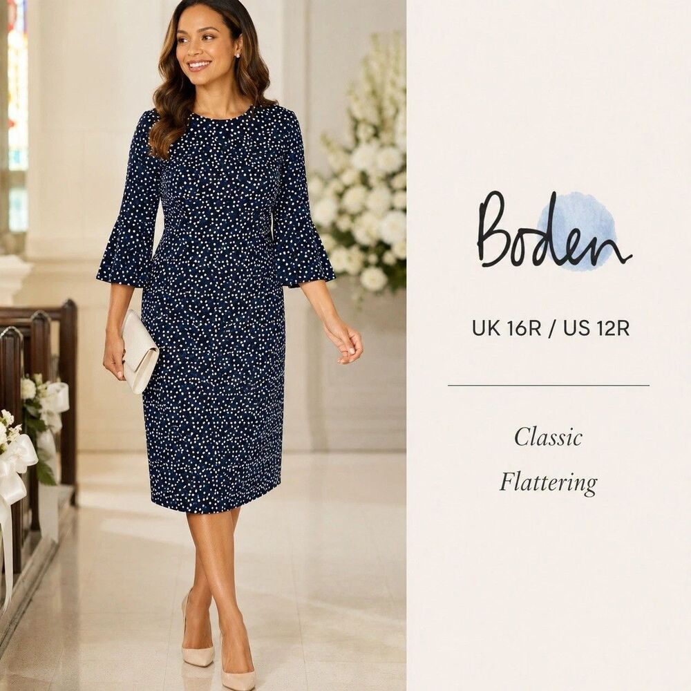 Boden Sheath Dress Size 14 Navy Blue Polka Dot Bell Sleeve